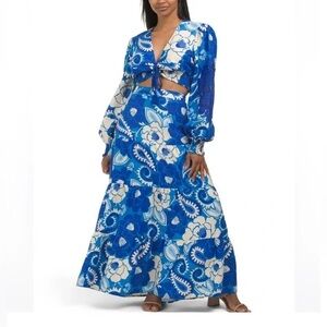 Blue Floral Tie-Front Maxi Dress